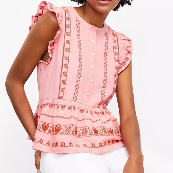 Loft Pink Floral Embroidered Henley Peplum Shell Size Medium - Picture 1 of 9